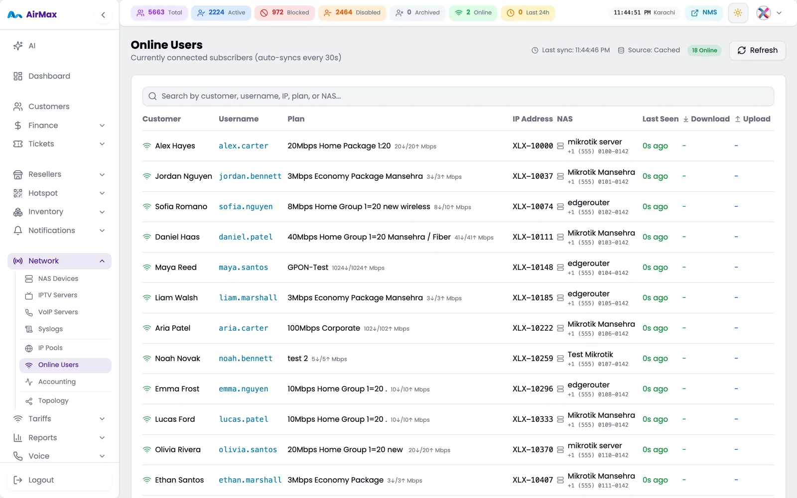 Live online users — every active RADIUS session in one list