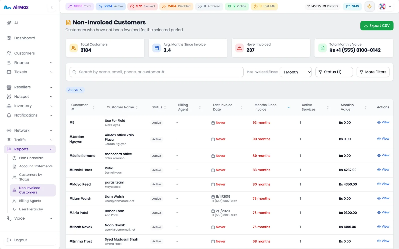 Non-invoiced customers report listing accounts with no invoice raised