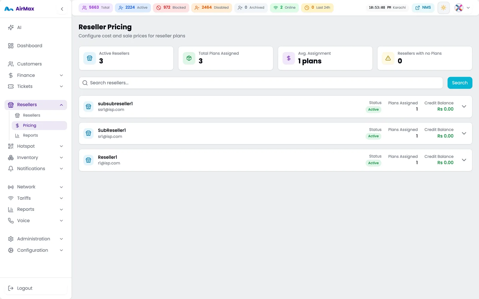 Custom pricing tiers configured per reseller