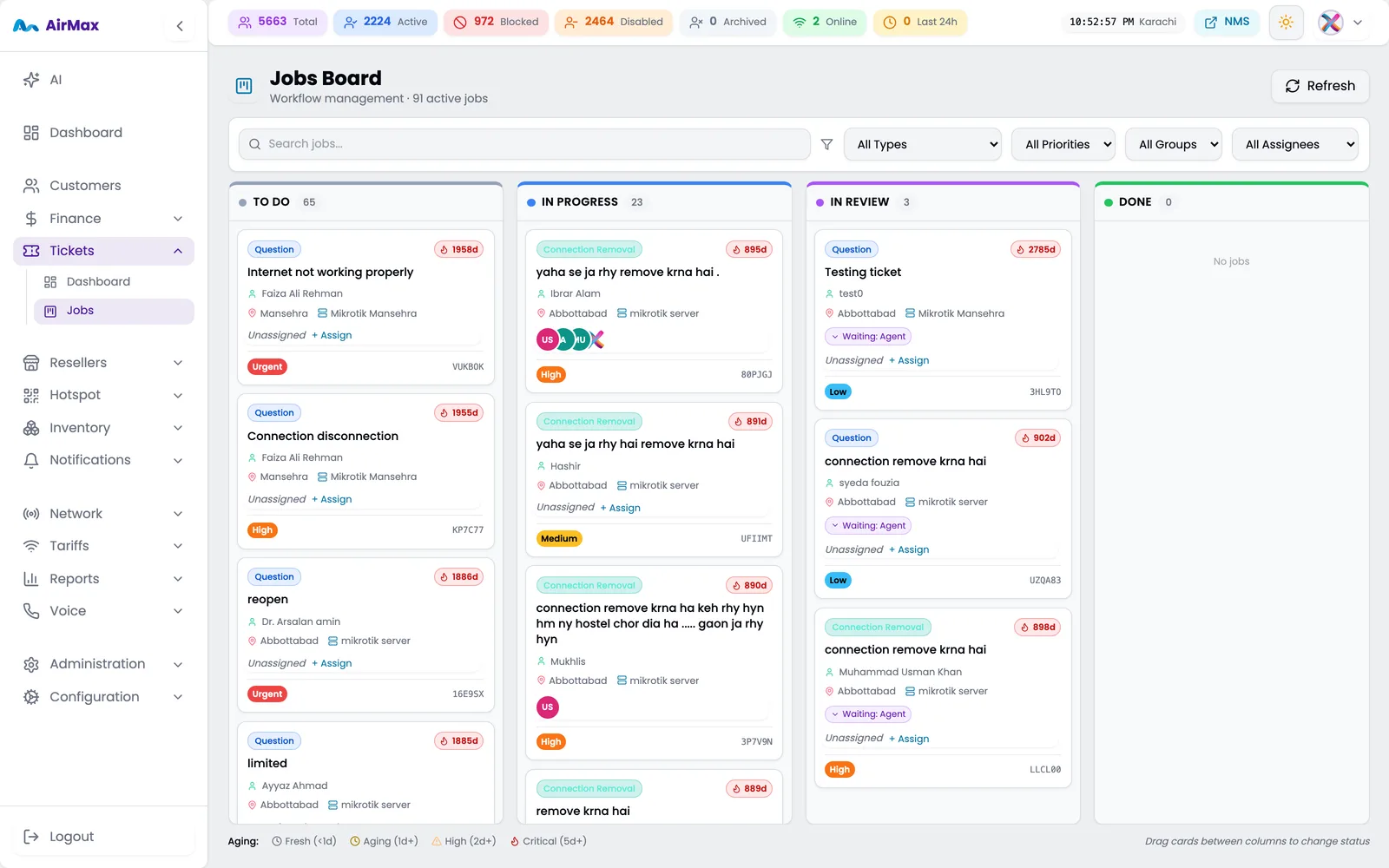 Kanban jobs board with installation and field-work columns