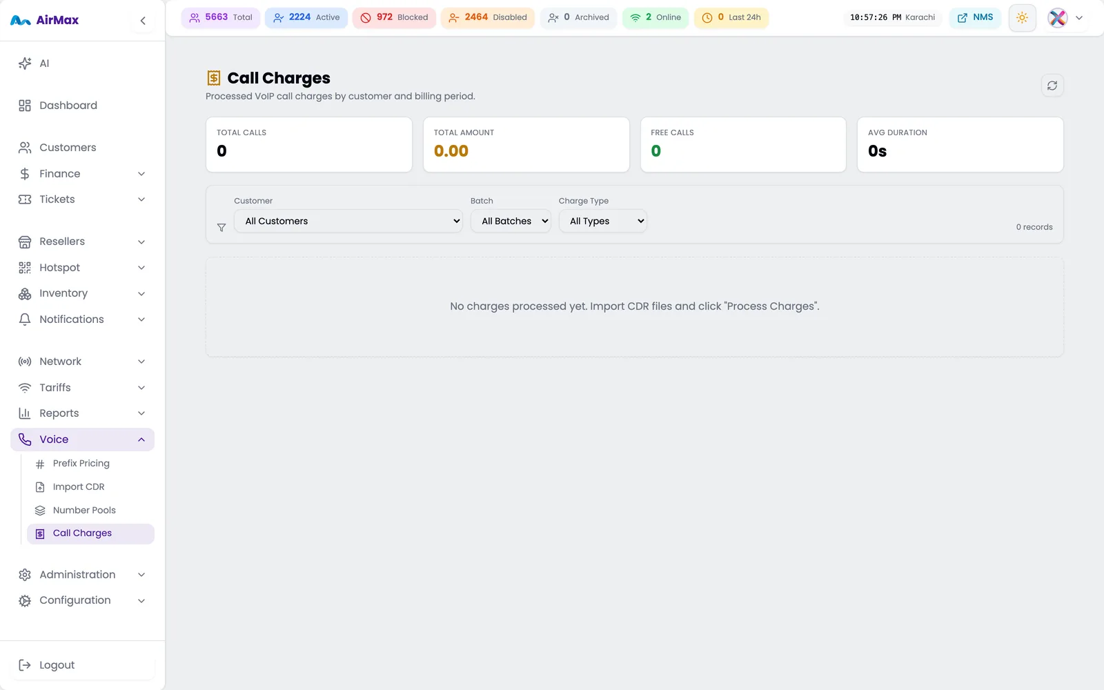 Call charges view with processed charges grouped by billing period