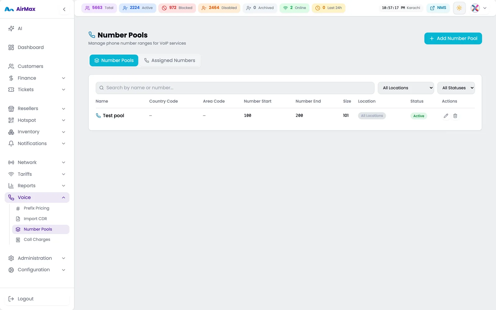 VoIP number pools managing number ranges and allocation