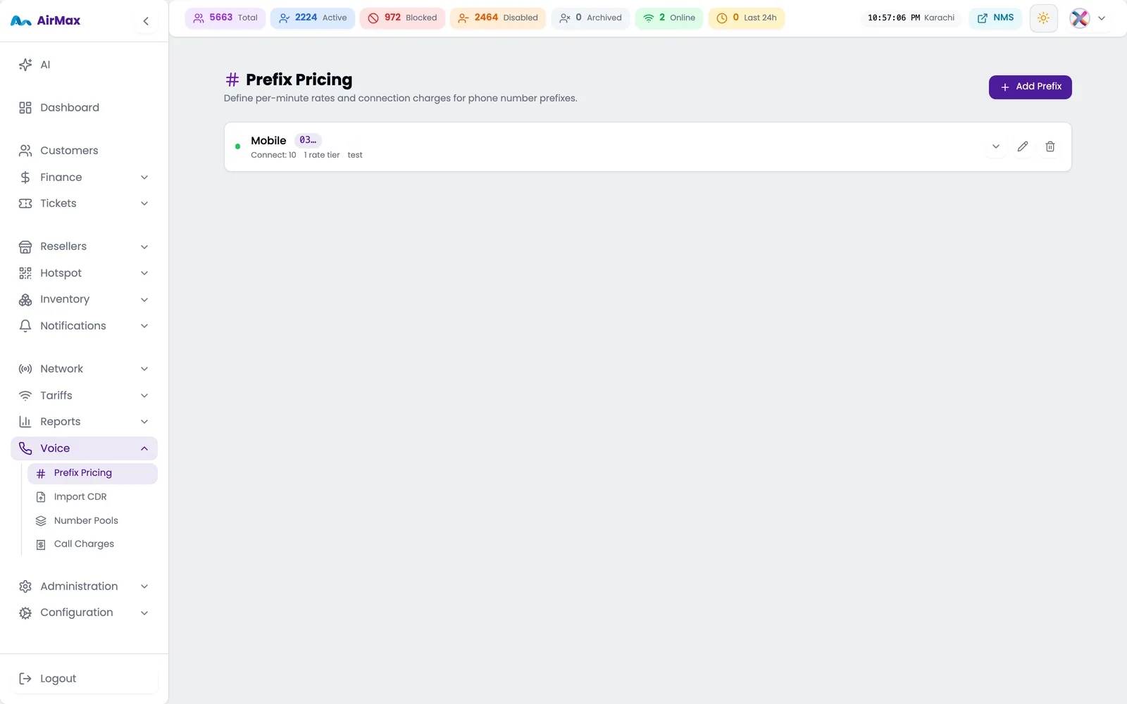 Prefix pricing table with per-minute rates and connection charges per destination